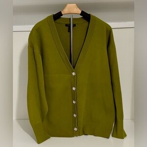 Tahari Moss Green V-Neck Cardigan with Rhinestone Buttons